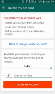 delete WhatsApp account on android