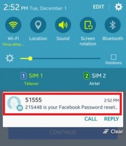Facebook reset password code on your android phone