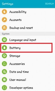 Tap on battery under system section on android