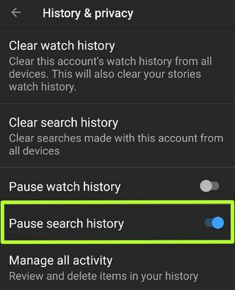 Pause Search History on YouTube Android