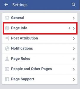 Click on page info under facebook page settings