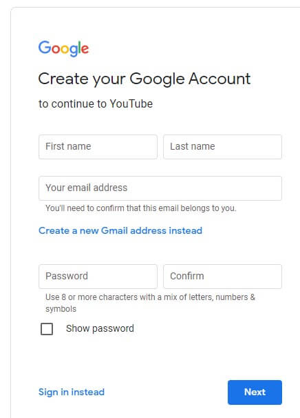 Create your Account YouTube on PC