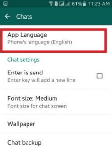 Tap on WhatsApp app language android