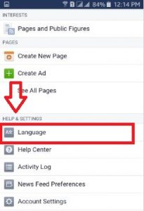 Tap on language to change facebook language