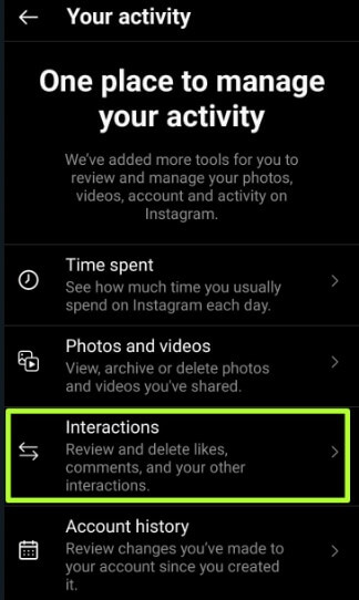 Interactions in Instagram Activity Settings