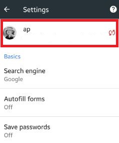 Chrome account name on app