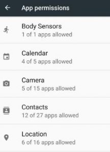 App permissions list on android 7.0