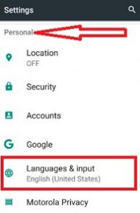 Languages and input method under settings option