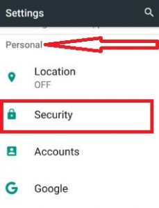 Tap on security under personal section