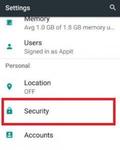 Tap on security under personal section in settings