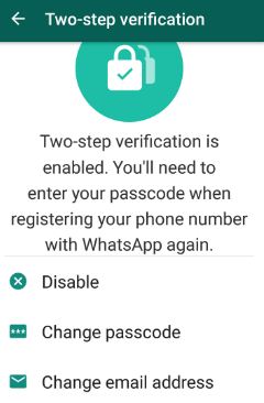 Change WhatsApp two step verification settings android