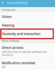 Dexterity and interaction settings under categories