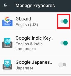 Enable Gboard keyboard app in nougat 7.0 phone