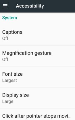 Font and display size under accessibility settings nougat