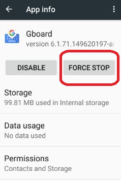 Force stop Gboard app in android nougat 7.0