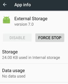 Force stop external storage in android