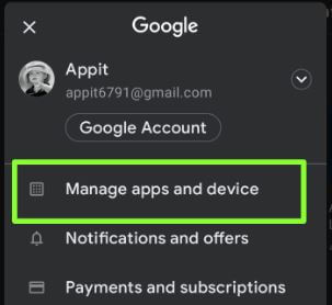 Manage apps and device in account settings on Play store