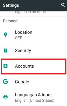 Open accounts in personal section settings android