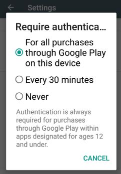 Require authentication for all purchases Google Play Store