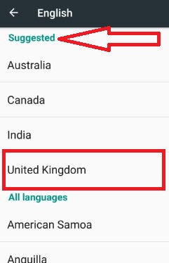 Tap UK under Suggested language