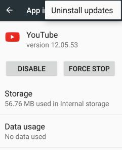 Uninstall YouTube app udpate on android phone