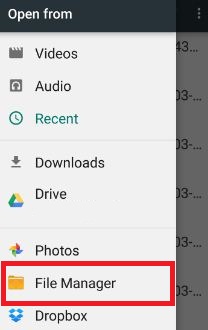 tap on File manager on dropbox to upload app
