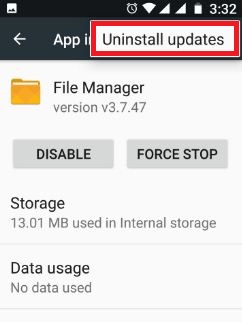 uninstall updates of file manager in android