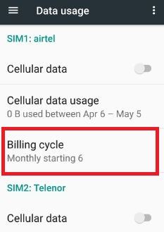 Billing cycle under data usage settings in 7.0 nougat
