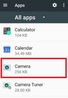 Tap camera from list of apps settings android