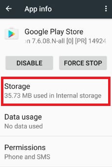 Tap storage in play store app info