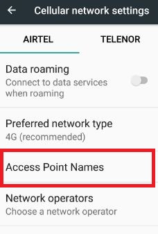 Access point names under cellular network settings