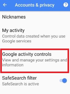 Google Activity control settings in android