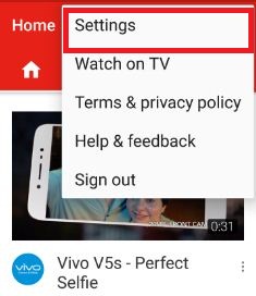 Settings in YouTube app android device
