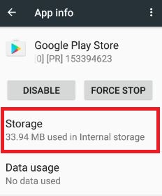 Tap storage in app info of play store