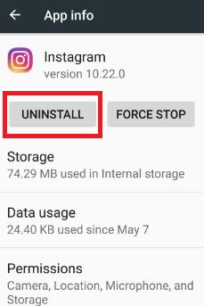 Disinstalla l'app di Instagram per correggere l'errore sconosciuto