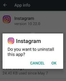 Uninstall instagram app to fix unknown error