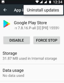 Uninstall update of Google Play store to fix error 500