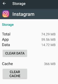 clear cache and data Instagram app to fix error