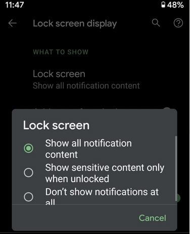 Show or hide notifications on lock screen Google Pixel XL