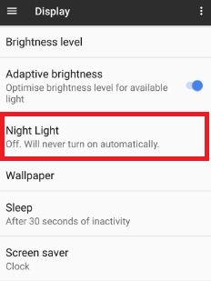 Tap Night Light under display settings