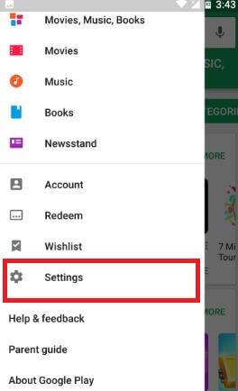 Tap on settings in Google play store