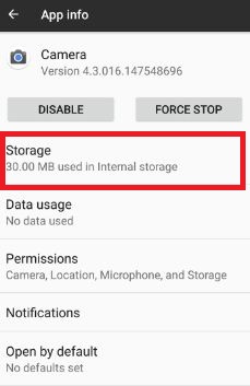 Tap storage in camera app info in pixel