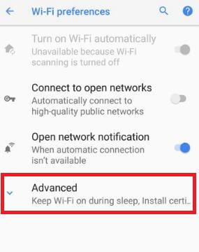 Advanced option in Wi-Fi on android Oreo