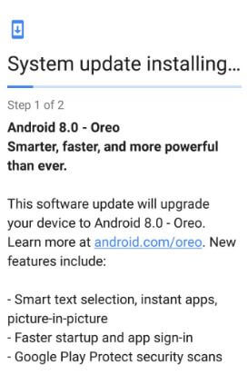 Android 8.0 Oreo system update installing on Google Pixel XL