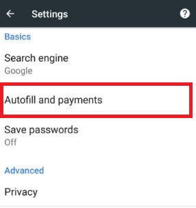 Autofill and payment in Chrome settings
