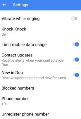 Google Duo settings on Pixel phone