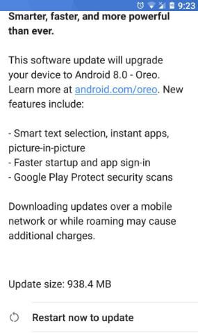 Restart now to update Google Pixel XL to android 8.0 Oreo