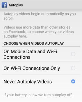 Set never autoplay videos on facebook app in android phone