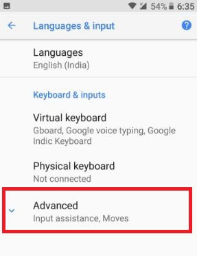 Tap on advanced in language & input in android Oreo