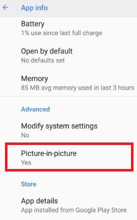 Tap on picture-in-picture under advanced settings in android Oreo